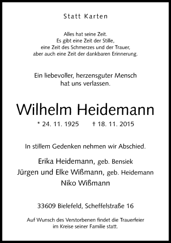 Traueranzeige von Wilhelm Heidemann von Neue Westfälische