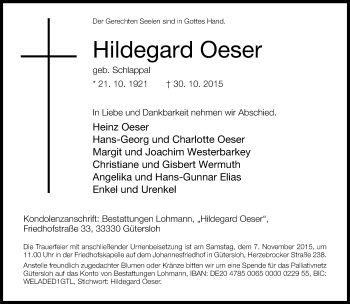 Traueranzeige von Hildegard Oeser