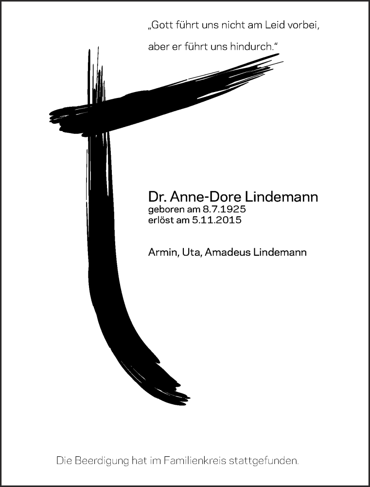  Traueranzeige für Anne-Dore Lindemann vom 14.11.2015 aus Neue Westfälische