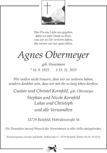 Traueranzeige von Agnes Obermeyer