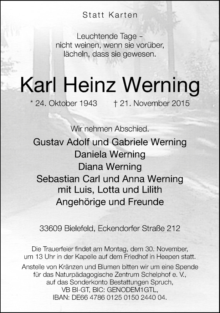  Traueranzeige für Karl Heinz Werning vom 25.11.2015 aus Neue Westfälische
