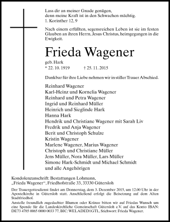 Traueranzeige von Frieda Wagener von Neue Westfälische
