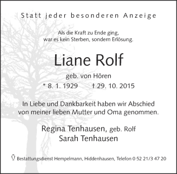 Traueranzeige von Liane Rolf von Neue Westfälische