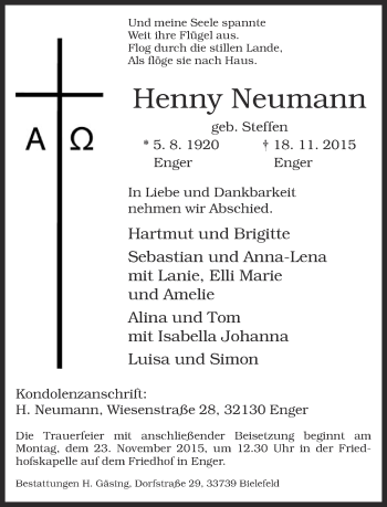 Traueranzeige von Henny Neumann von Neue Westfälische