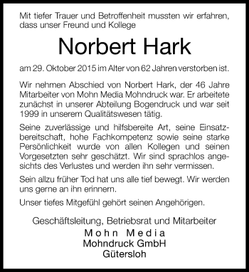 Traueranzeige von Norbert Hark von Neue Westfälische