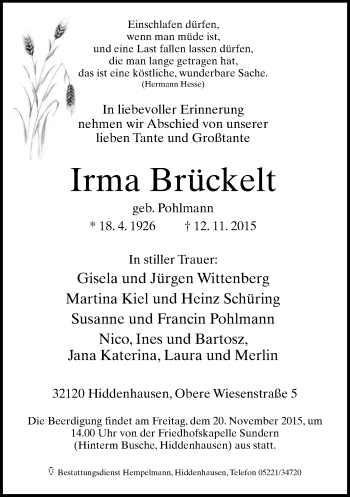 Traueranzeige von Irma Brückelt von Neue Westfälische