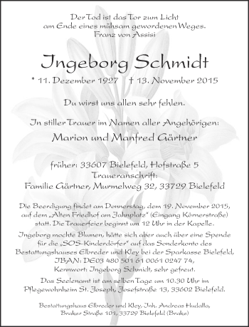 Traueranzeige von Ingeborg Schmidt von Neue Westfälische