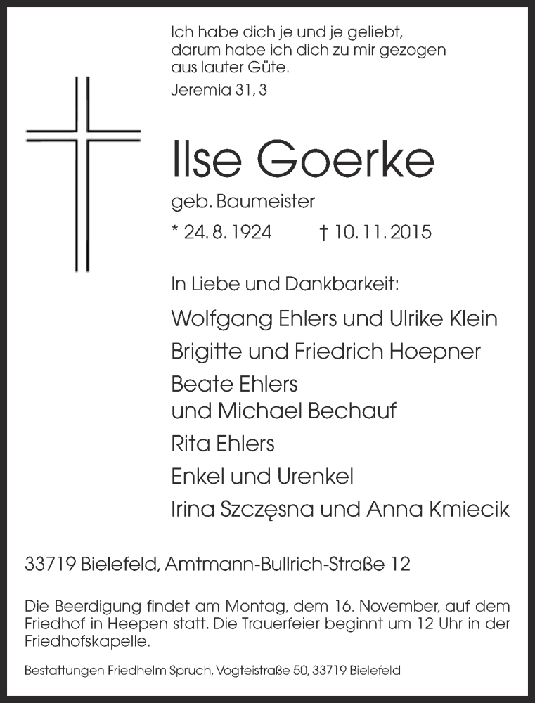  Traueranzeige für Ilse Goerke vom 12.11.2015 aus Neue Westfälische