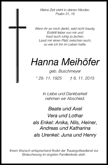 Traueranzeige von Hanna Meihöfer