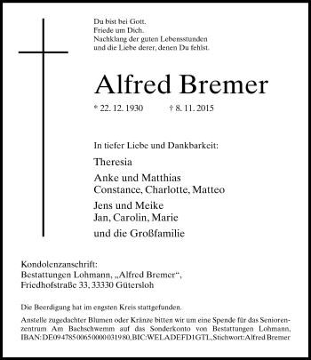 Traueranzeige von Alfred Bremer