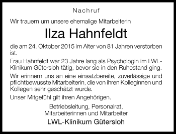 Traueranzeige von Ilza Hahnfeldt