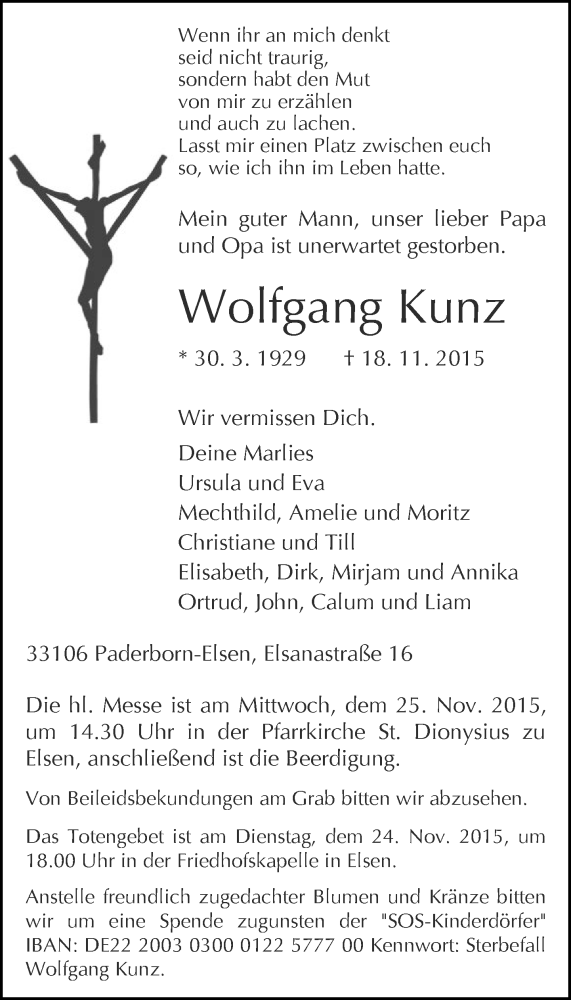  Traueranzeige für Wolfgang Kunz vom 20.11.2015 aus Neue Westfälische
