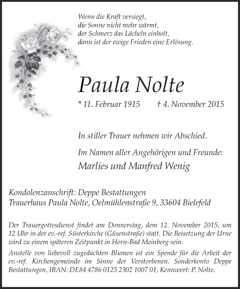  Traueranzeige für Paula Nolte vom 07.11.2015 aus Neue Westfälische
