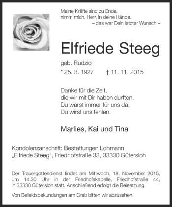 Traueranzeige von Elfriede Steeg von Neue Westfälische
