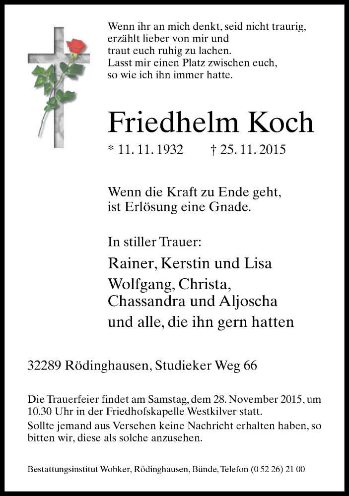  Traueranzeige für Friedhelm Koch vom 26.11.2015 aus Neue Westfälische