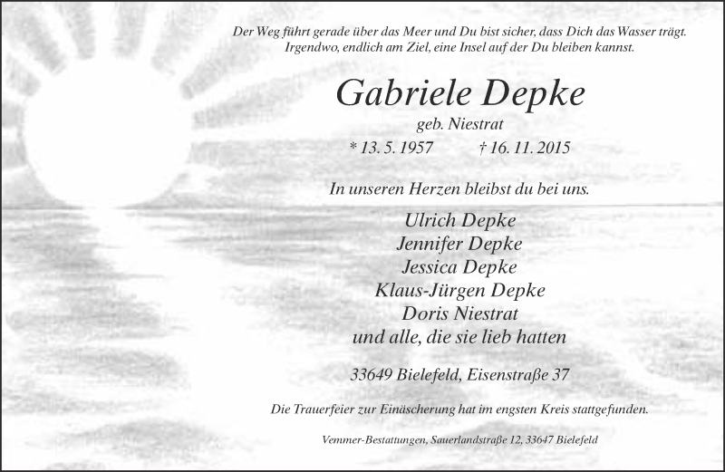  Traueranzeige für Gabriele Depke vom 21.11.2015 aus Neue Westfälische