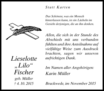 Traueranzeige von Lieselotte Fischer von Neue Westfälische