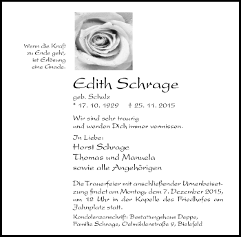 Traueranzeige von Edith Schrage von Neue Westfälische