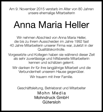 Traueranzeige von Anna Maria Heller von Neue Westfälische
