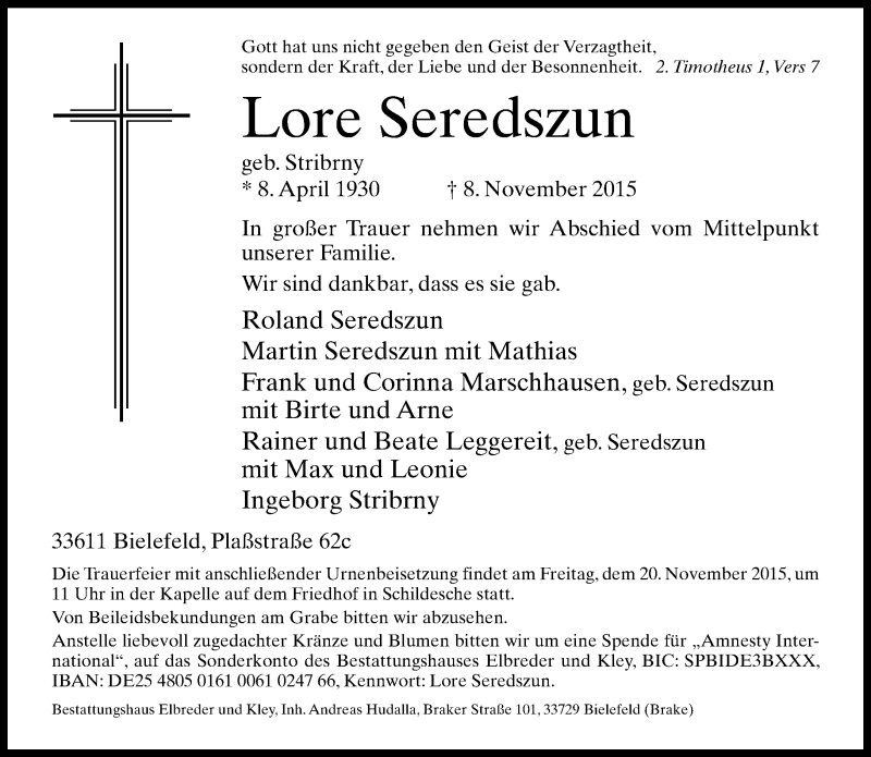  Traueranzeige für Lore Seredszun vom 14.11.2015 aus Neue Westfälische