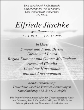 Traueranzeige von Elfriede Jäschke von Neue Westfälische