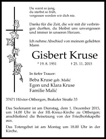 Traueranzeige von Gisbert Kruse von Neue Westfälische