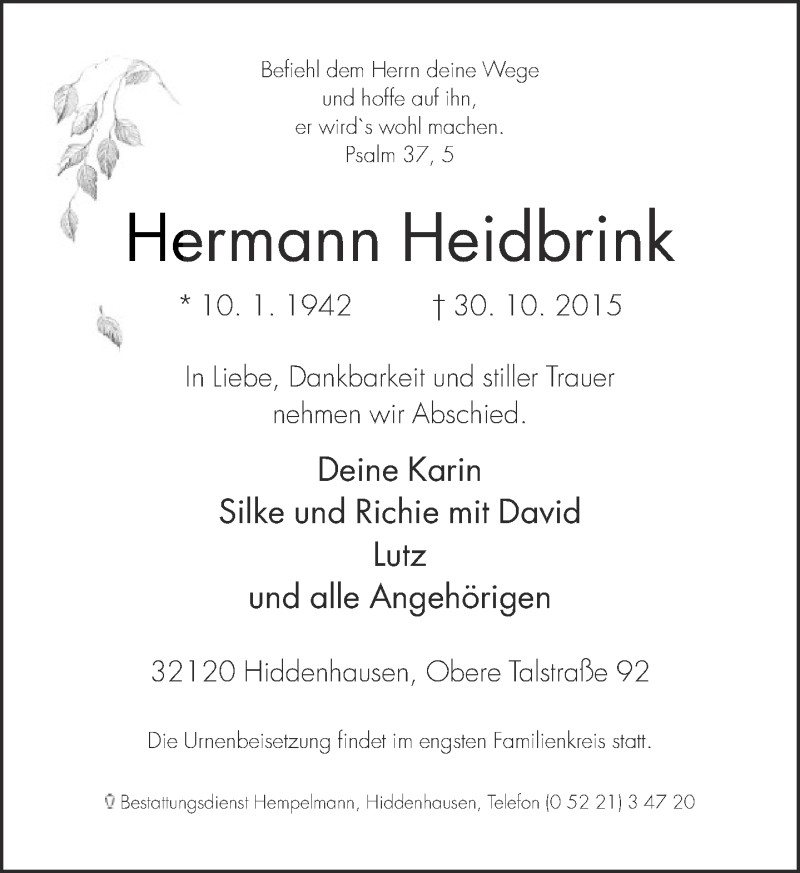  Traueranzeige für Hermann Heidbrink vom 03.11.2015 aus Neue Westfälische