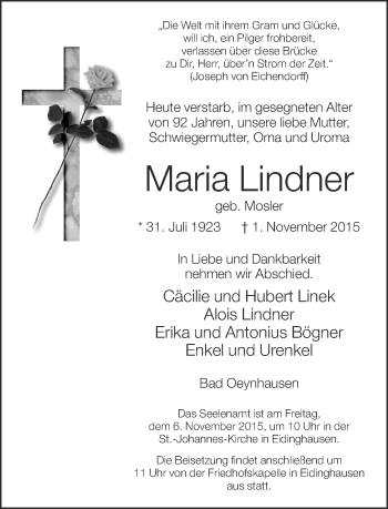 Traueranzeige von Maria Lindner