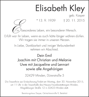 Traueranzeige von Elisabeth Kley von Neue Westfälische