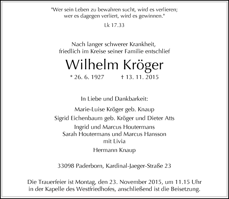  Traueranzeige für Wilhelm Kröger vom 17.11.2015 aus Neue Westfälische