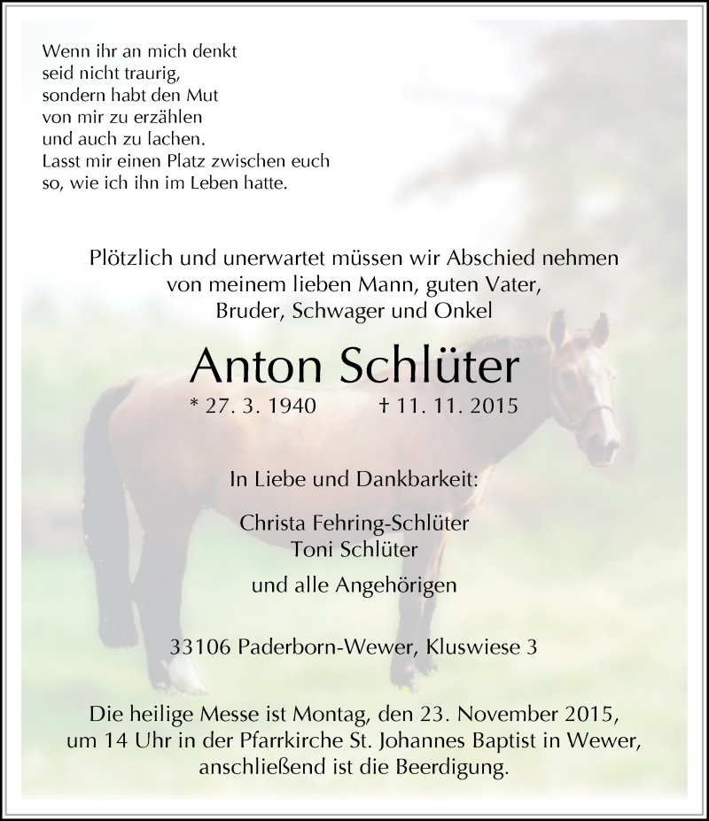  Traueranzeige für Anton Schlüter vom 18.11.2015 aus Neue Westfälische