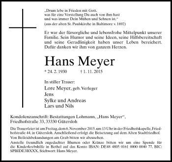 Traueranzeige von Hans Meyer