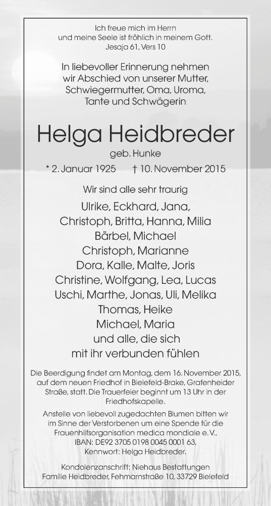  Traueranzeige für Helga Heidbreder vom 13.11.2015 aus Neue Westfälische