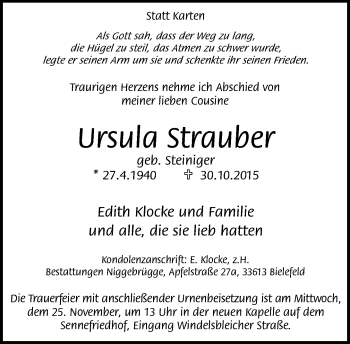 Traueranzeige von Ursula Strauber von Neue Westfälische