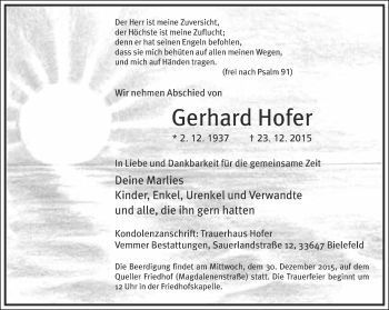 Traueranzeige von Gerhard Hofer von Neue Westfälische