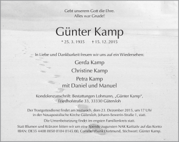 Traueranzeige von Günter Kamp von Neue Westfälische