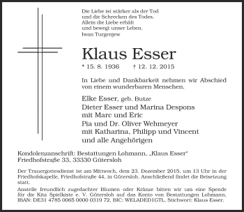 Traueranzeige von Klaus Esser von Neue Westfälische