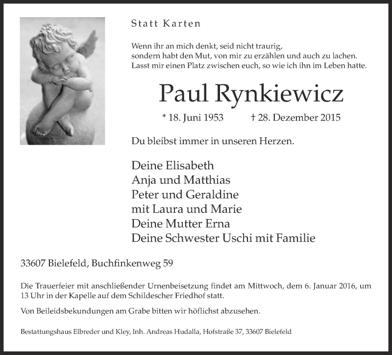  Traueranzeige für Paul Rynkiewicz vom 30.12.2015 aus Neue Westfälische