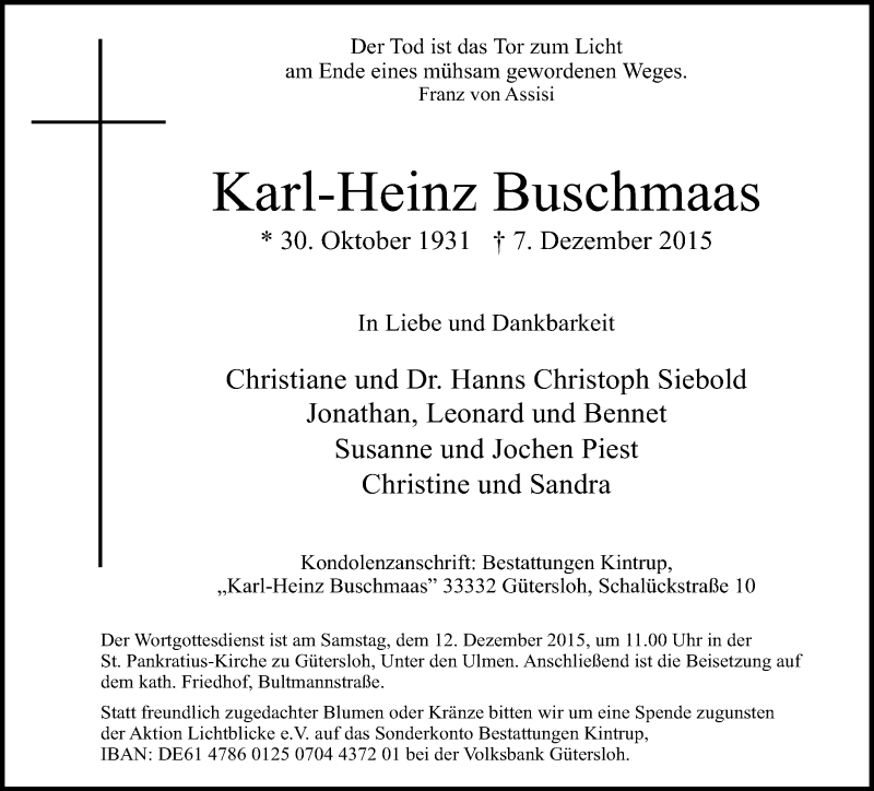  Traueranzeige für Karl-Heinz Buschmaas vom 09.12.2015 aus Neue Westfälische