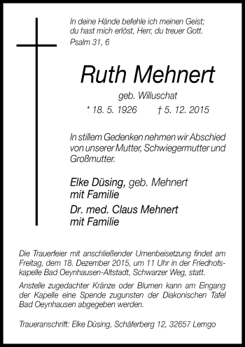 Traueranzeige von Ruth Mehnert