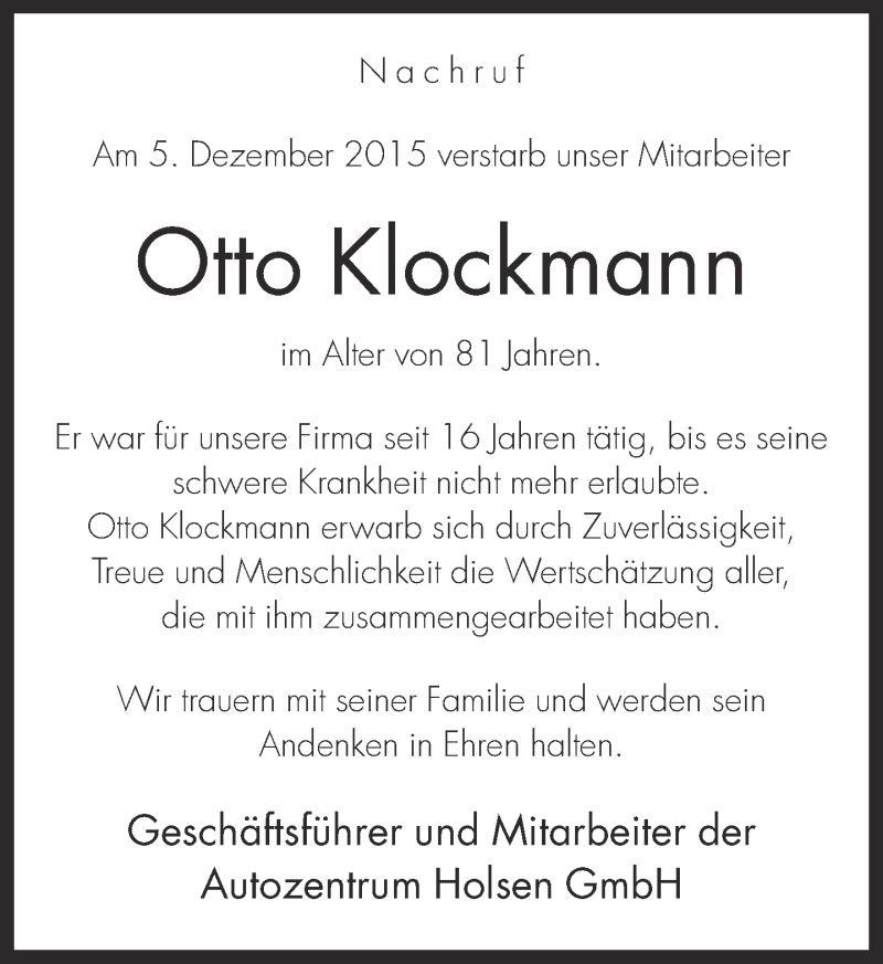  Traueranzeige für Otto Klockmann vom 12.12.2015 aus Neue Westfälische