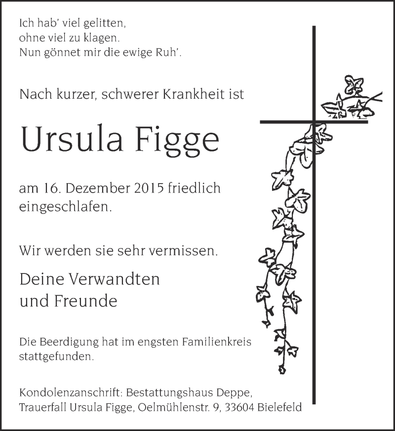  Traueranzeige für Ursula Figge vom 23.12.2015 aus Neue Westfälische