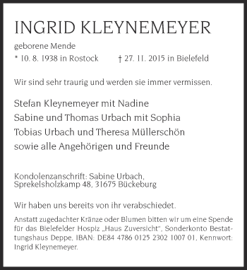 Traueranzeige von Ingrid Kleynemeyer von Neue Westfälische