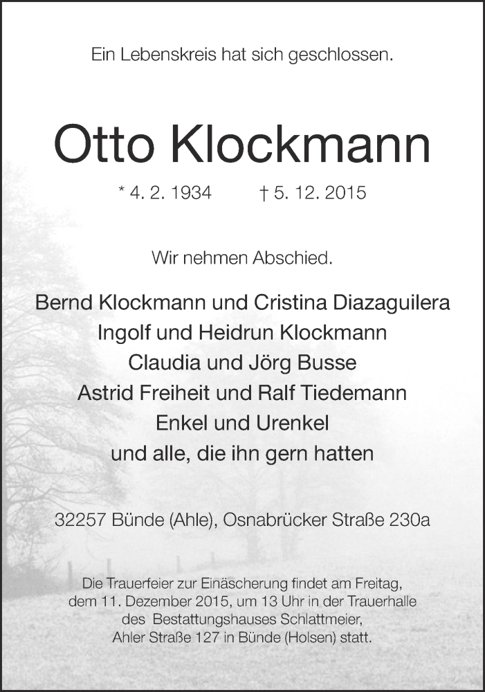  Traueranzeige für Otto Klockmann vom 08.12.2015 aus Neue Westfälische