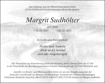 Traueranzeige von Margrit Sudhölter von Neue Westfälische