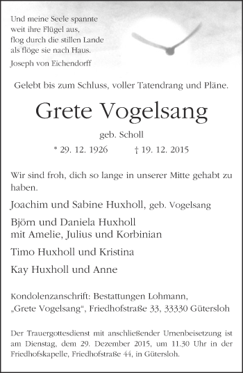 Traueranzeige von Grete Vogelsang von Neue Westfälische
