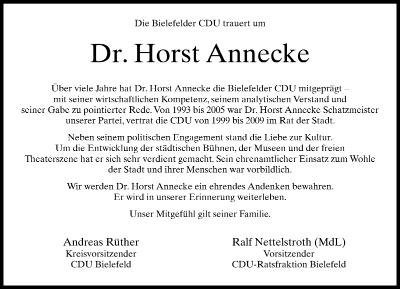  Traueranzeige für Horst Annecke vom 17.12.2015 aus Neue Westfälische