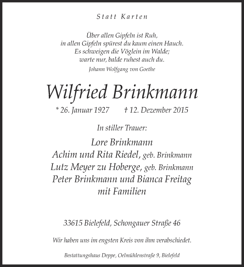  Traueranzeige für Wilfried Brinkmann vom 24.12.2015 aus Neue Westfälische