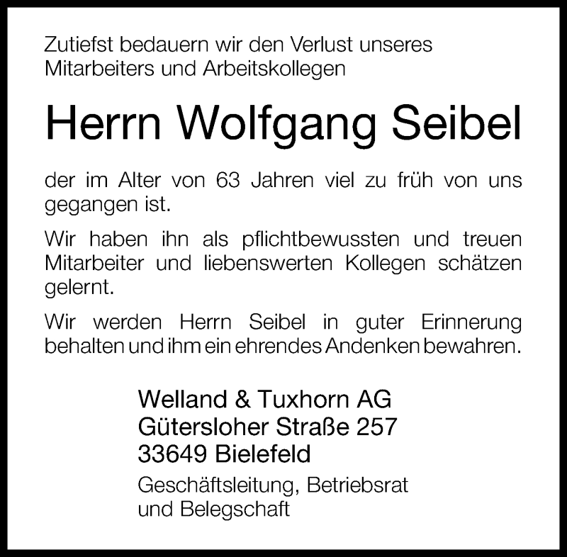  Traueranzeige für Wolfgang Seibel vom 28.12.2015 aus Neue Westfälische