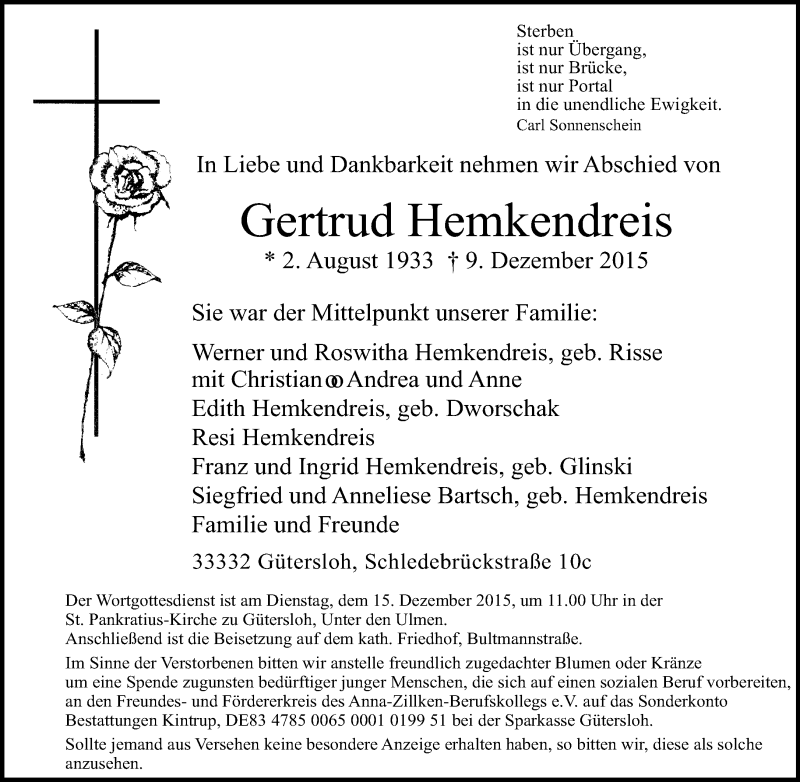  Traueranzeige für Gertrud Hemkendreis vom 11.12.2015 aus Neue Westfälische